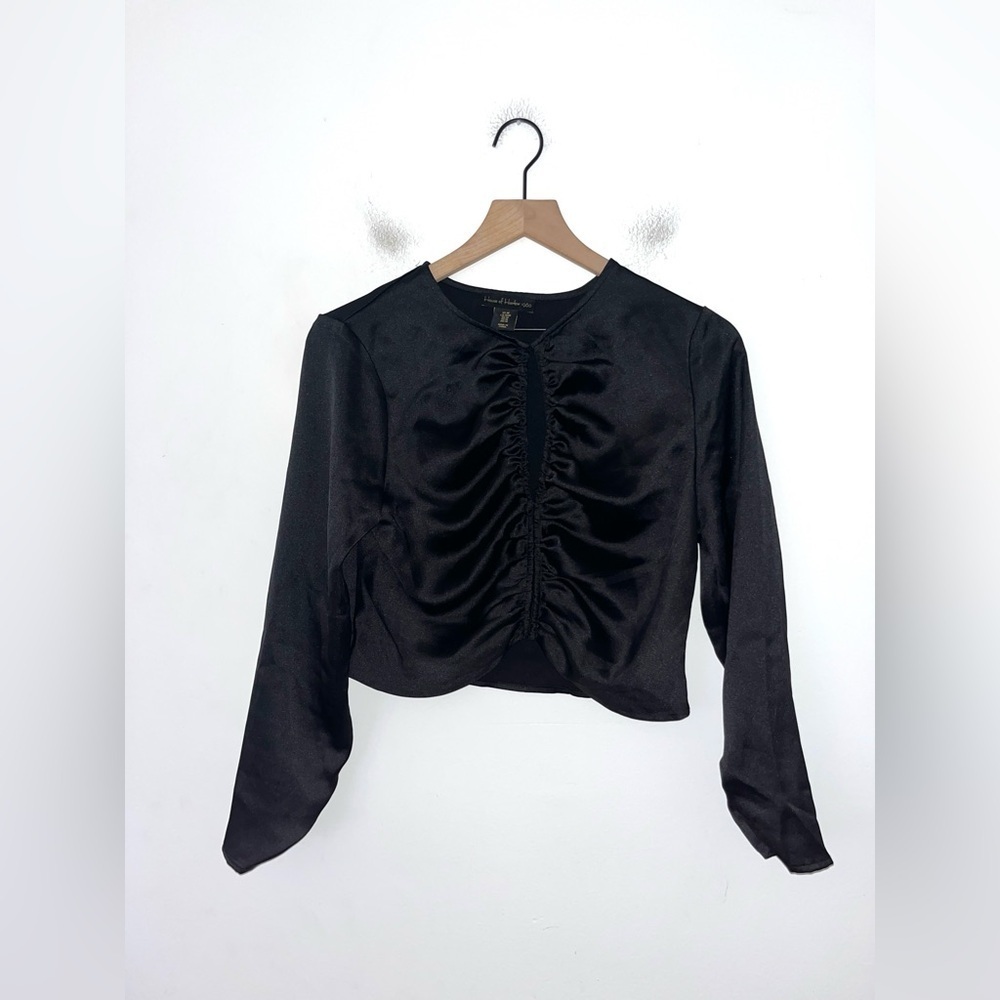 HOUSE OF HARLOW 1960 Revolve Black Satin Long Sleeve Blouse Top Size Medium
